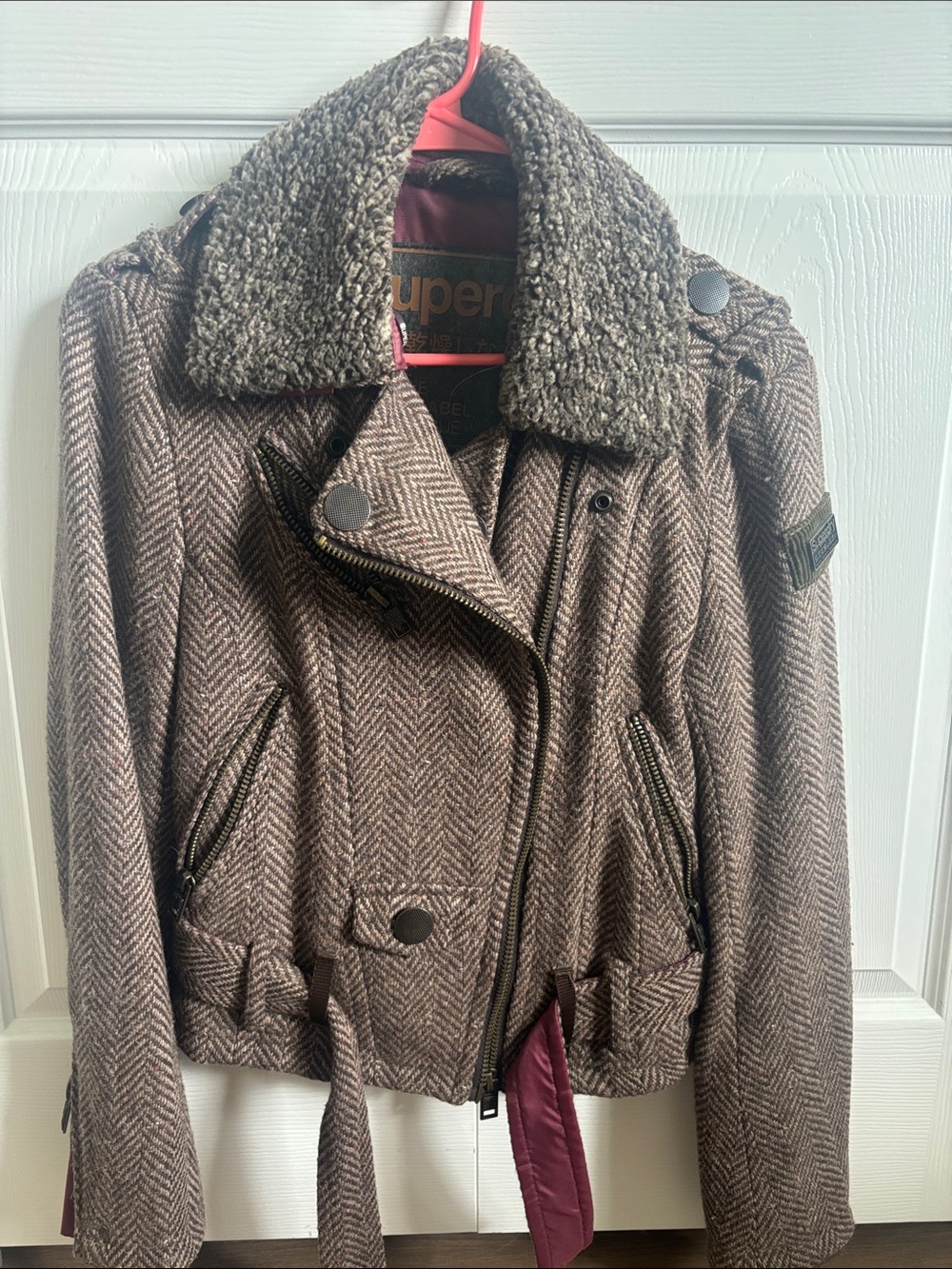 Superdry Brown Herringbone Bomber Jacket with Faux Shearling Collar